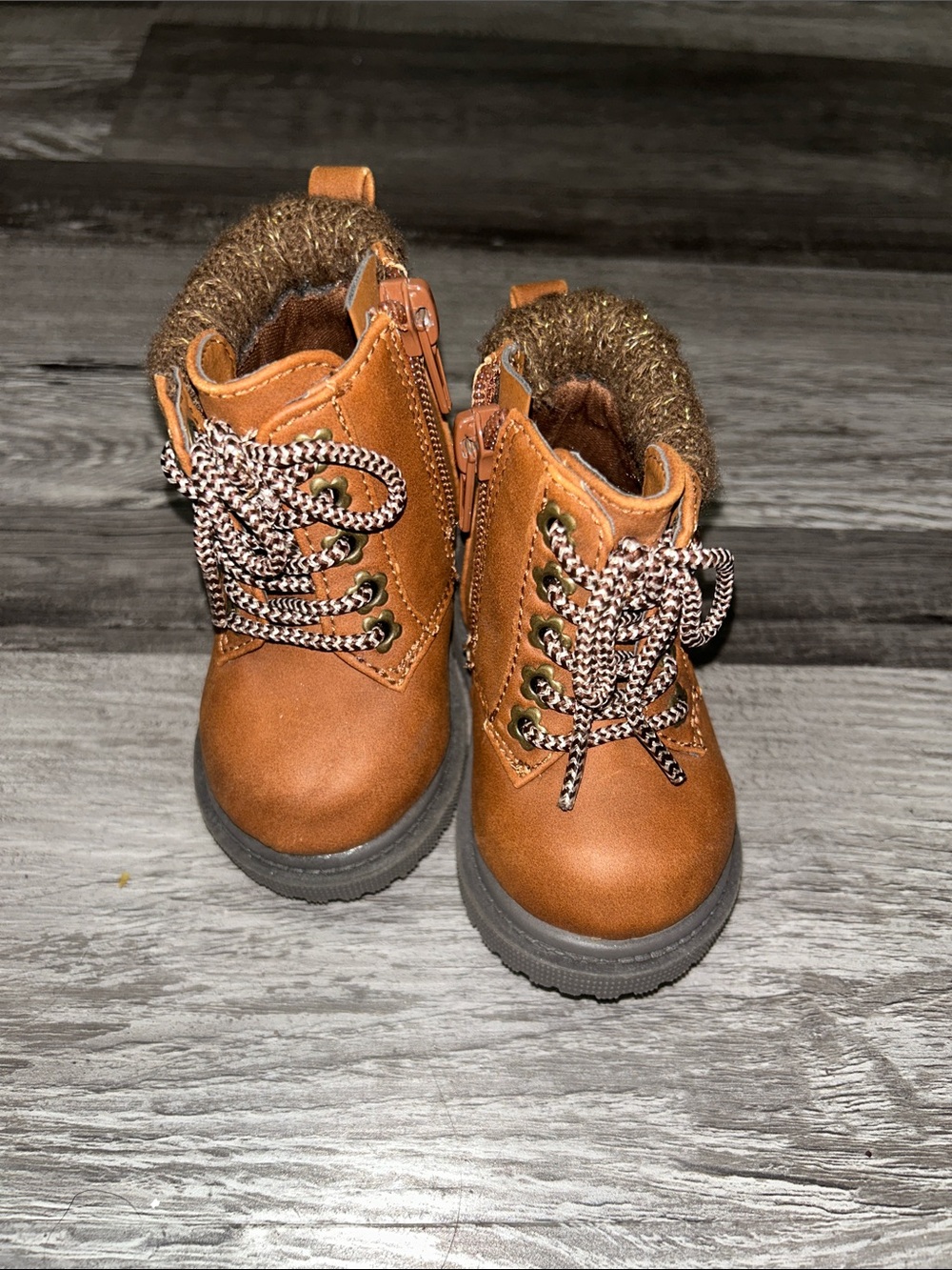 wonder nation Tan Faux-Fur Collar Lace-Up Kids Boots